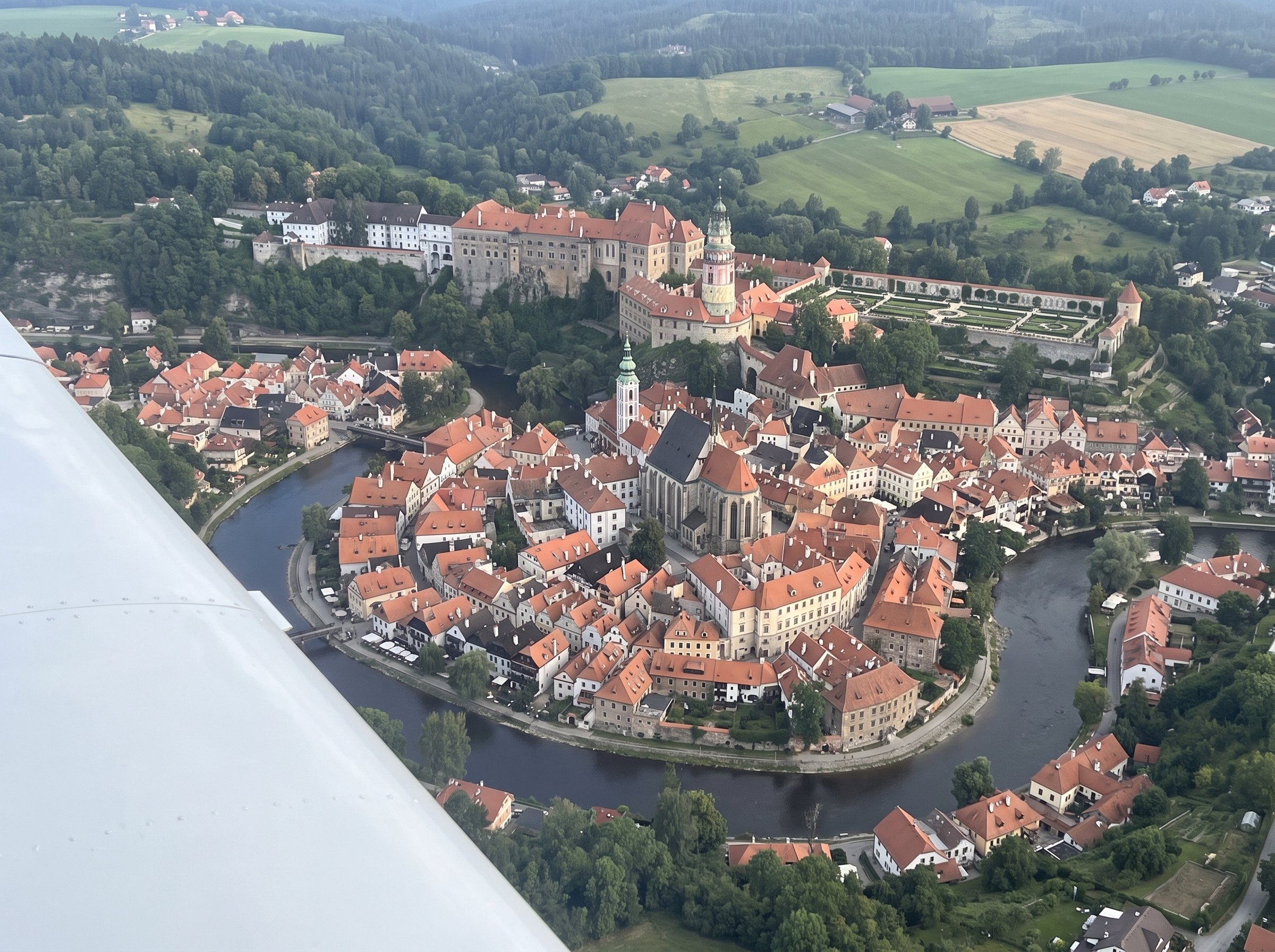 Český Krumlov in its river meander from the aircraft