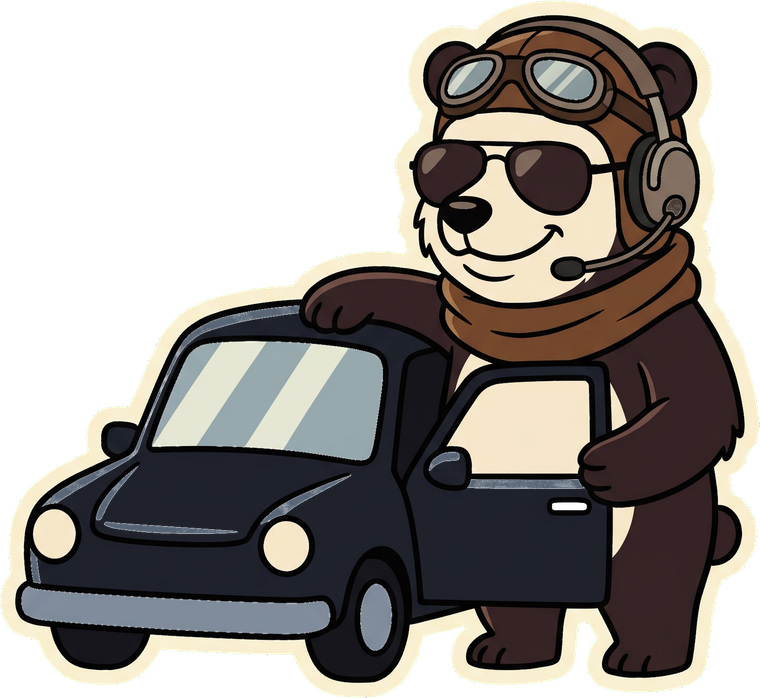 Kumabito by the car, waving you in